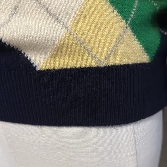 NWT Vintage Cashmere V-Neck Sweater-Wmns Euro 38-Navy Yellow Green Argyle Print - Picture 5 of 16